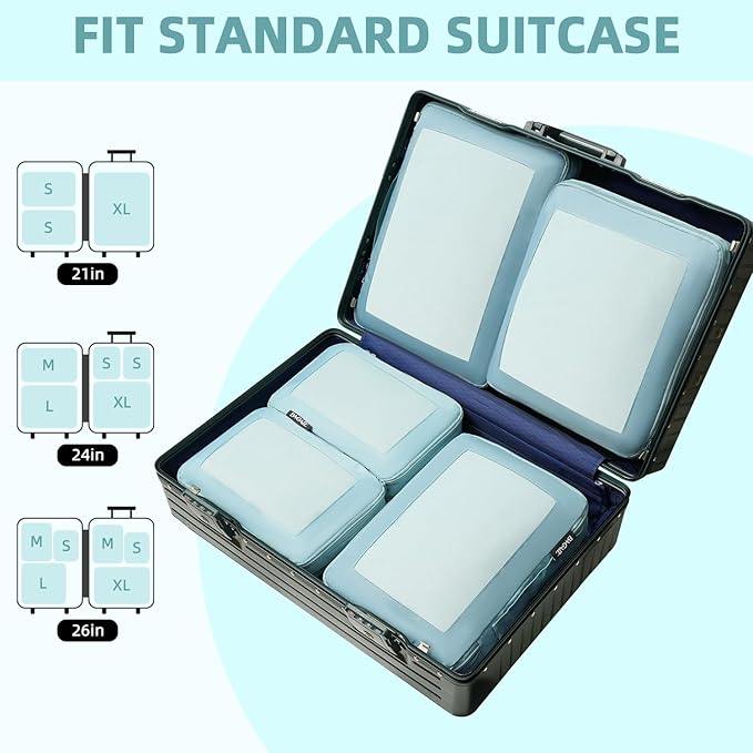 BAGAIL 4 Set/6 Set/8 Set Compression Packing Cubes Travel Accessories Expandable Packing Organizers (Square Mesh, 06-Dusty Blue)