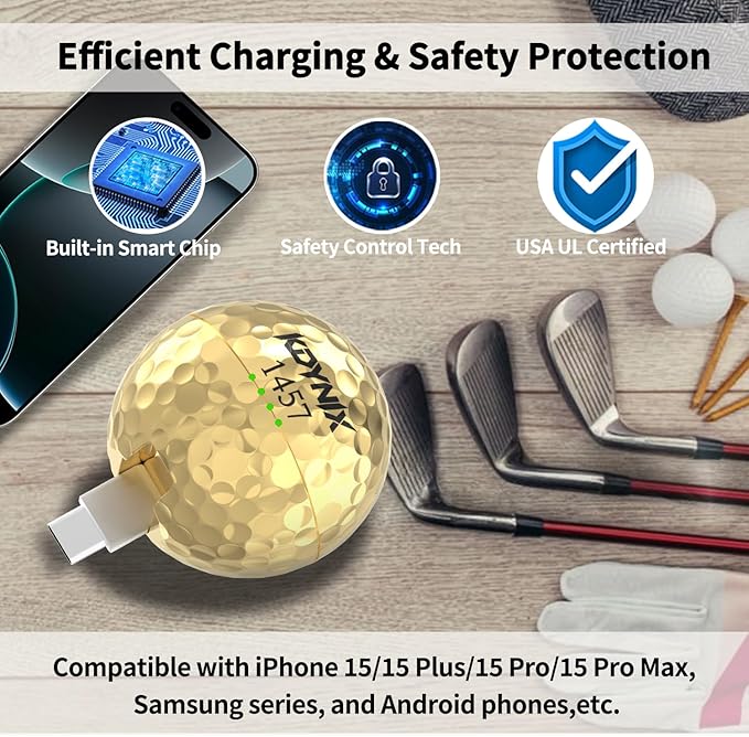 2000mAh Creative Golf Ball Power Bank, Emergency Mini Power Portable Charger USB-C, Compatible with iPhone15,16，17，15 Plus,15 Pro Max, Gift for Golf Lover Men Women (Gold Golf Power Bank)