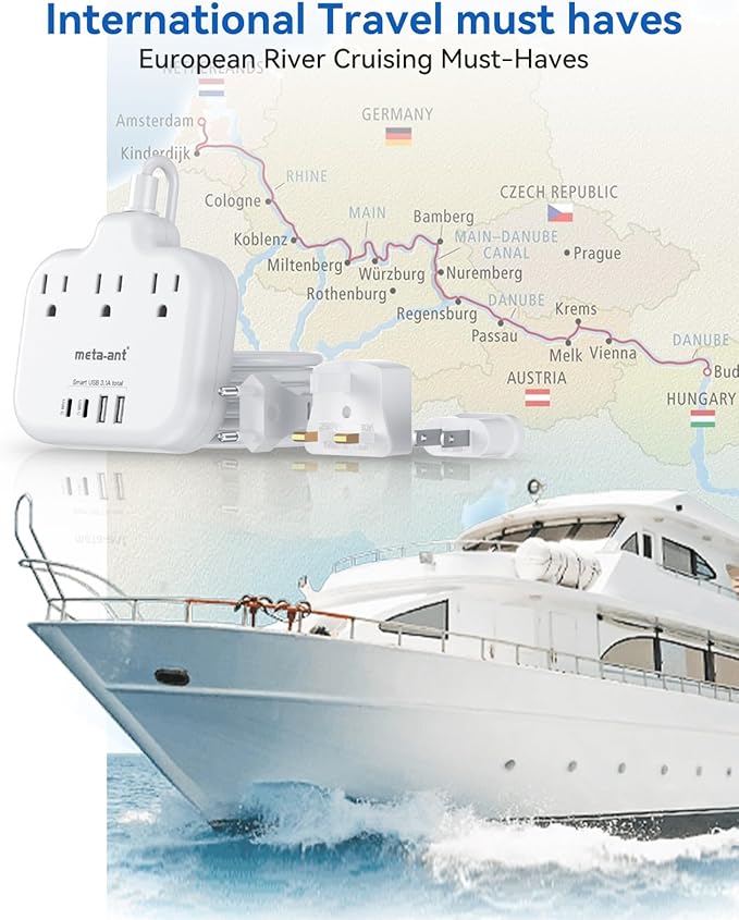 European Travel Plug Adapter, International Power Adapter, US to UK Europe Power Strip for EU/UK/US with 3 AC Outlets & 4 USB(2 USBC), 5ft Extension Cord, Type C for EU UK Europe Germany France, White