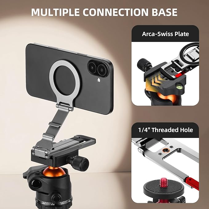 Magnetic Phone Tripod Stand for iPhone, Aluminium Lock Mini Tripod with Arca-Swiss, for MagSafe Smartphone Holder Quick Mount with 1/4'' Screw Hole and Cold Shoe for iPhone 17 16 15 14 13 12