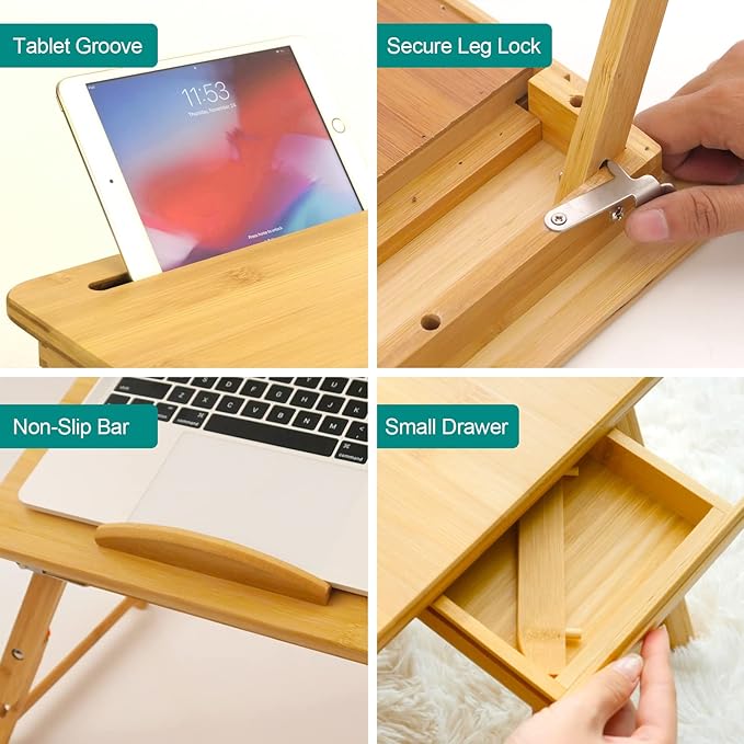 Lap Desk COIWAI Bed Table Desk Tray Laptop Desk for Bed Adjustable Height Angle Foldable Portable with Tablet Phone Holder with Storage Drawer for Bed Sofa Couch, for Eating Writing Bamboo
