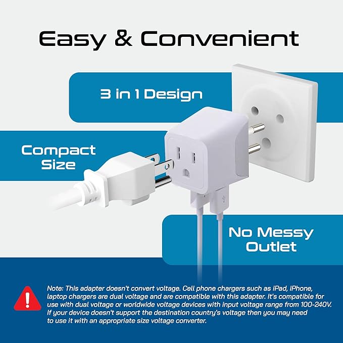 Ceptics Thailand Travel Plug Adapter – Type O Power Adapter with USB-C & A + USA Input – Ultra Compact,3-in-1 Safe Grounded Adapter Plug for Thailand