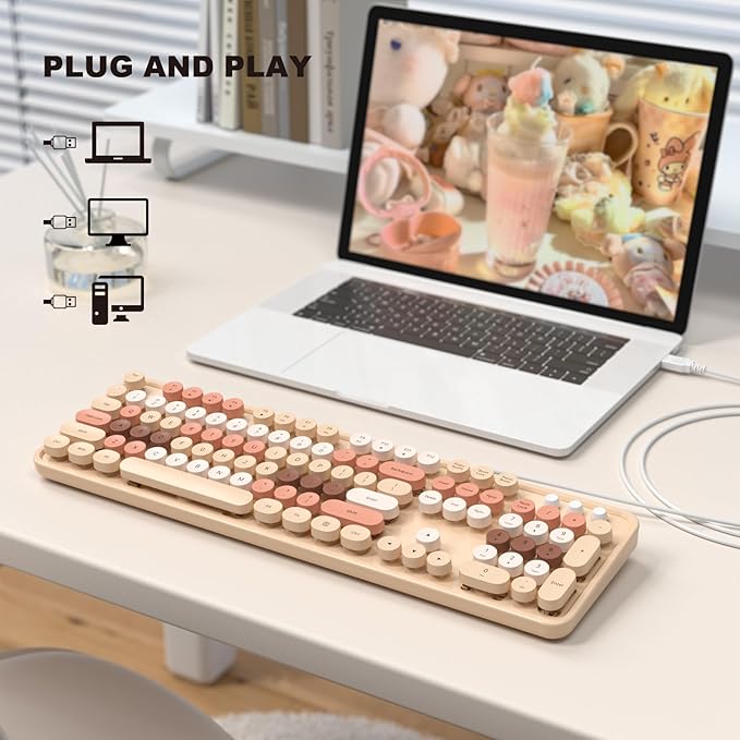 Colorful Computer Keyboards Wired, USB Plug and Play Full Size Typewriter Keyboard, Cute Aesthetic Keyboard with Foldable Stands for Windows PC Laptop (Milk Tea)
