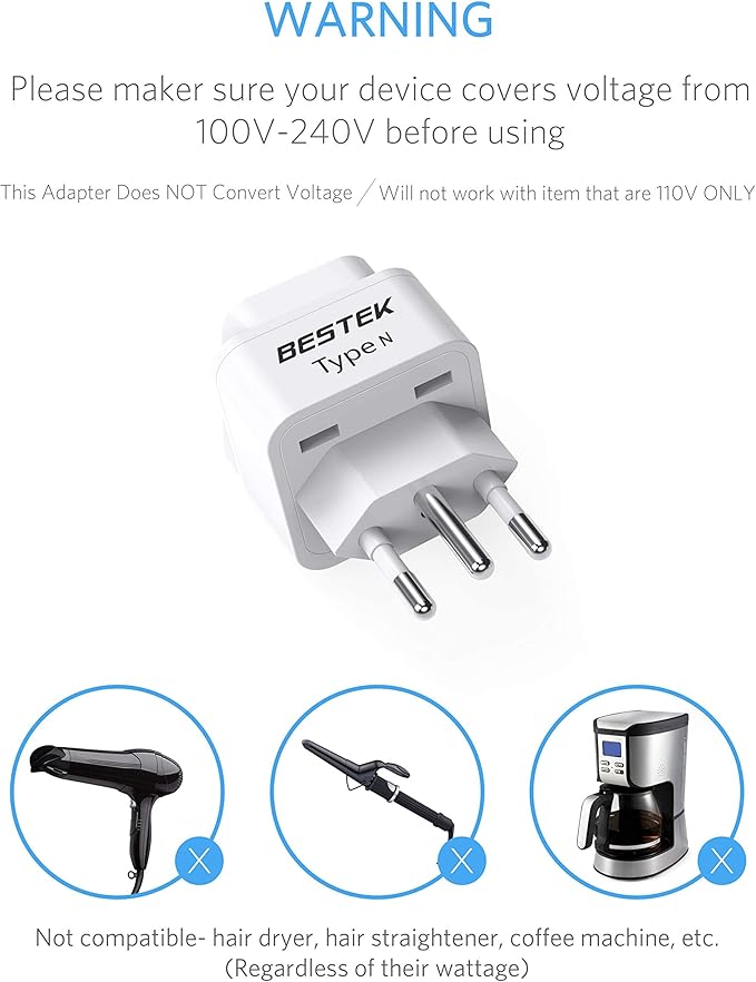 BESTEK Brazil, South Africa Travel Plug Adapter, Grounded Universal Type N Plug Adapter BR to US Adapter - Ultra Compact for Brazil, South Africa and More, 3 Pack