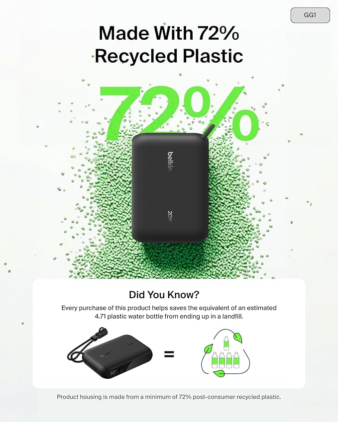 Belkin Portable Charger, Slim USB-C Power Bank 10,000mAh w/ 2 USB-C Ports, Digital Battery Display, 20W Charging Battery Pack - iPhone 17, Air, Pro, Samsung Galaxy S25, Pixel 10, iPad, & More - Black