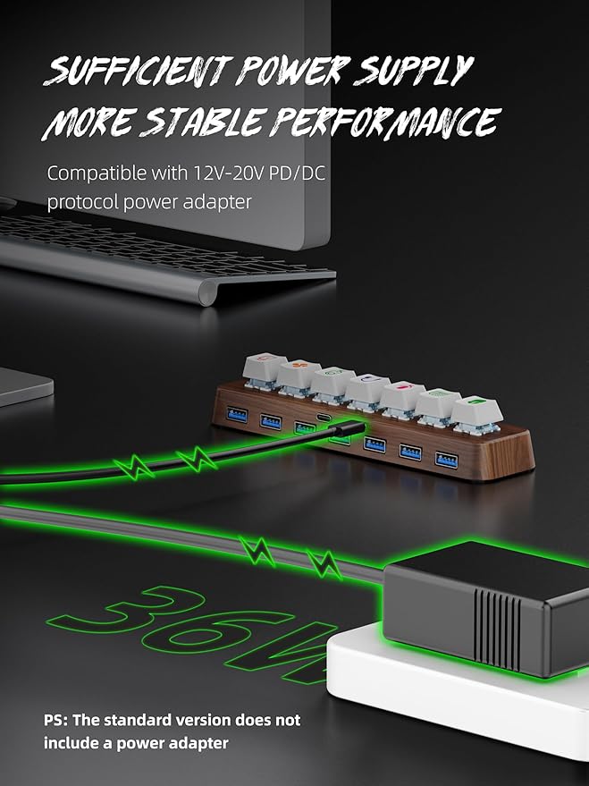 7-Port USB 3.0 Powered Hub, RGB Lighting, Hot-Swappable Cherry MX Switch Support, 5Gbps Speed, Includes 12V/2A Power Adapter, Walnut Wood Cyberpunk USB Dock-FU0736
