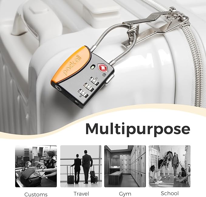 pack all TSA Approved Cable Luggage Locks, 3 Digit Combination Padlocks, Travel Lock for Suitcases & Bag, Alloy Body, Travel Accessories (1 Pack)（Orange）