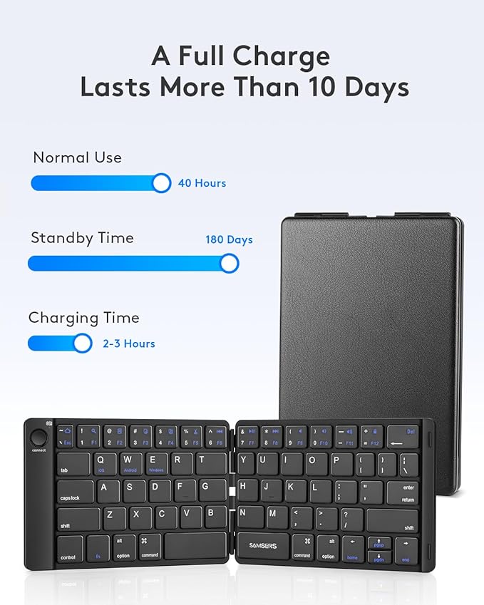 Samsers Foldable Bluetooth Keyboard - Portable Wireless Keyboard with Stand Holder, Rechargeable Full Size Ultra Slim Folding, Compatible iOS Android Windows Smartphone Tablet and Laptop - Black