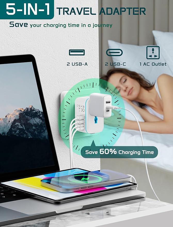 Universal Travel Adapter Worldwide, TECSIX European Travel Plug Adapter with 2 USB C, 2 USB A and Multi AC Outlets, International Power Adaptor for EU US UK AUS 200+ Countries Type A C G I