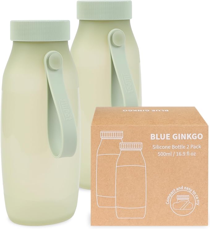 BLUE GINKGO Collapsible Water Bottle [2-Pack] – Lightweight, Foldable Silicone Bottles for Travel, Hiking, and Camping (16.9oz, Made in Korea, Olive Green)