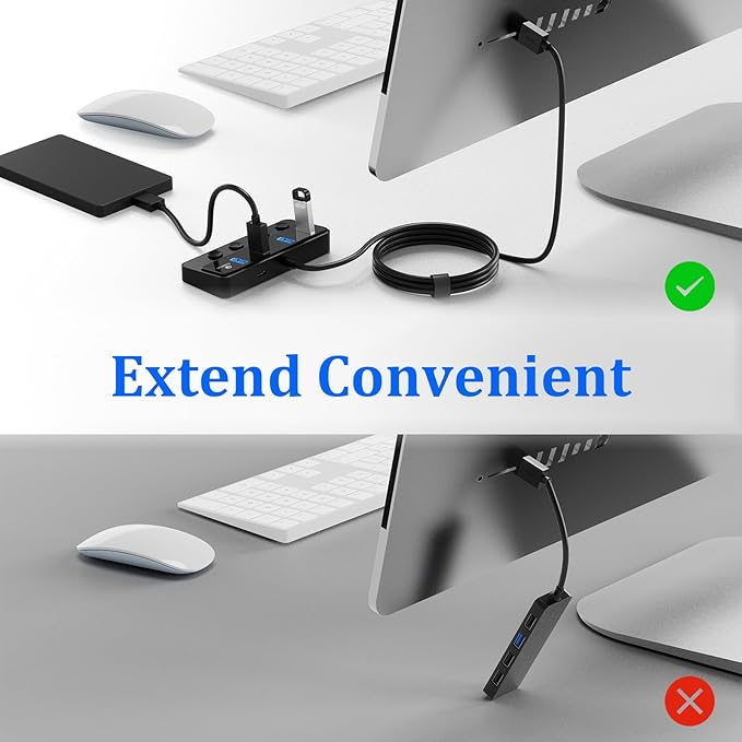 Qeefun 4-Port USB 3.0 Hub, Individual LED Power Switches, Multiport Splitter with 4ft Extension Cable, USB Extender for Laptop, PC, USB Flash Drives, iMac and More