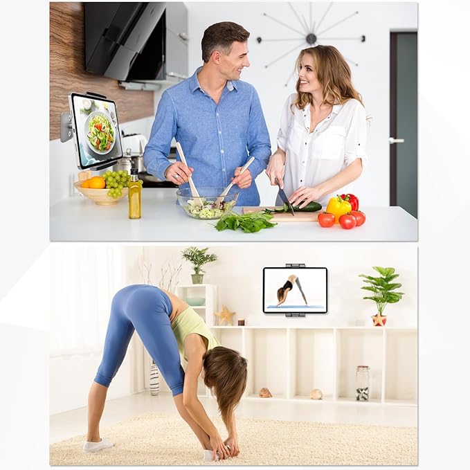 Tablet Wall Mount Holder, Angle Adjustment Wall Mount Tablet Holder Stand Arm Bracket [Sticky and Drill Ways for Choice] for iPad Tablets and smartphones, Ideal for Office Kitchen and Bathroom