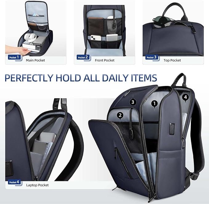 Business Backpack Computer Bag for 15.6 Inch Laptop for Men Women with USB Charging Port Water-Resistant Anti-theft Luggage Backpack Suitcase Casual Daypack for College Weekender Hikking Travel-Blue