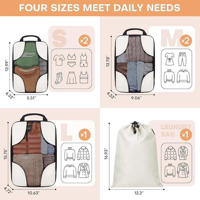 6 Set Compression Packing Cubes Bags for Travel Women, Compression Bags Organizer for Packing Luggage Space Saving, Suitcase Organizer Bags Set for Travel Essentials - Beige