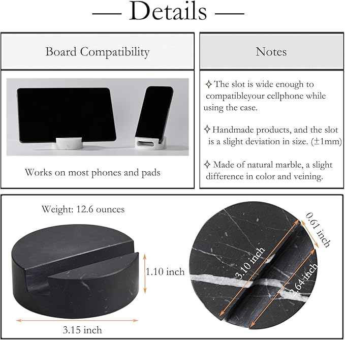 Marble Phone Stand for Desk, Cell Phone Holder for Kitchen Countertops, Office iPhone Stand-Cute Nightstand Accessories-Black Marquina(Matte-Finished)