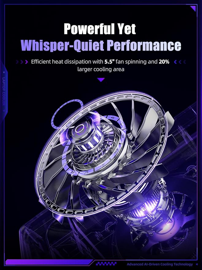 llano V12 Ultra Laptop Cooling Pad with Smart Software Control, RGB Gaming Laptop Fan Cooler Stand, 5.5" Turbo Fan, Adjustable Speed, 3*USB 3.0 Ports, 3 Height Stands, for 15.6"-19" Laptops, Black