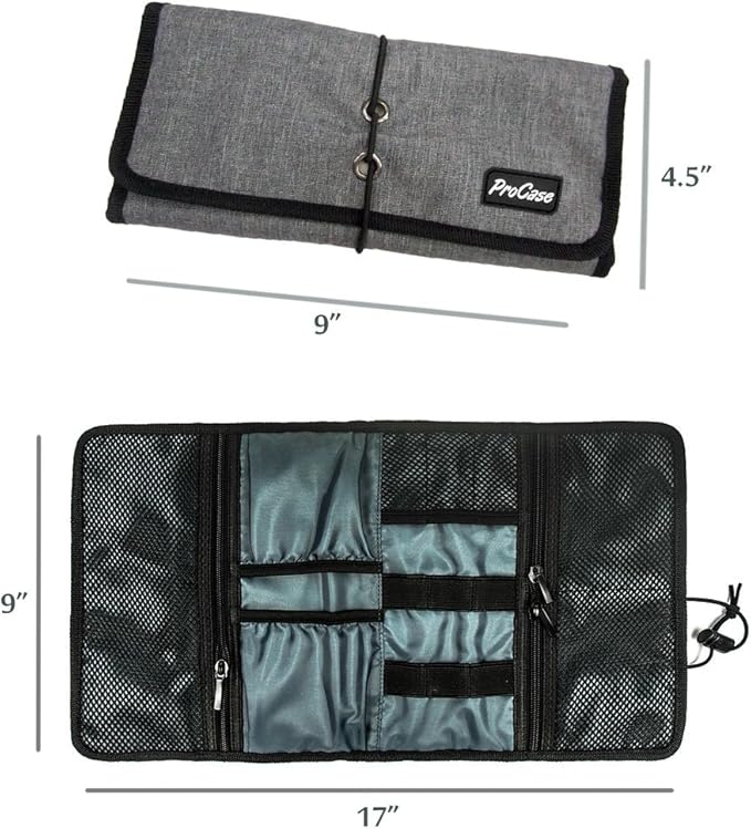 ProCase Electronic Organizer Cord Pouch, Travel Cable Charger Phone Accessories Bag Organizer Roll up Tech Carrying Case for USB Cables SD Memory Cards Earphone Flash Hard Drive -Grey
