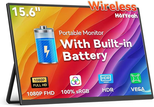Wireless Portable Monitor Battery-Powered, Support AirPlay Miracast, 15.6" 1080P IPS Monitor USB-C HDMI External Display, 2nd Screen for Laptop MacBook PC Phone Tablet, w/Built-in Battery(4- 5H)