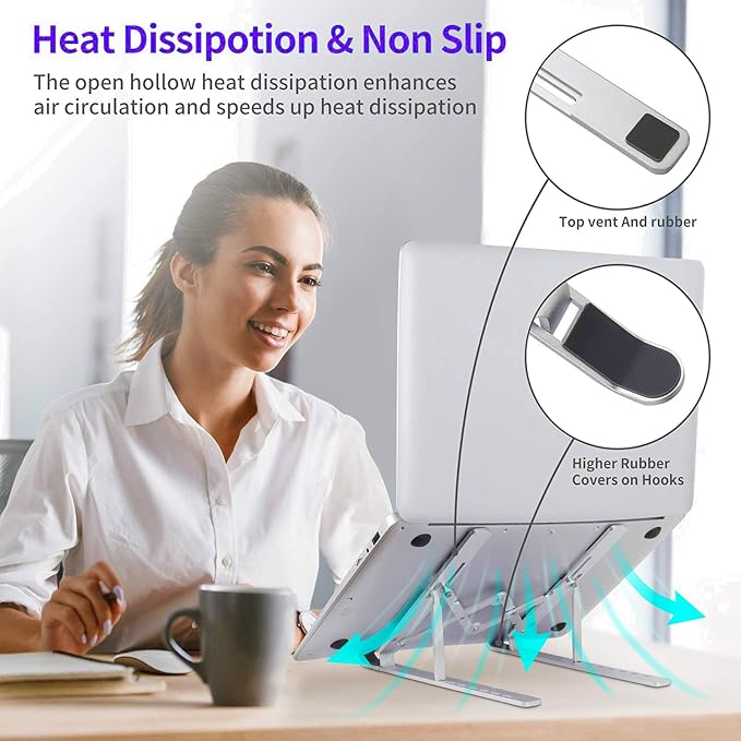 Laptop Stand, Laptop Riser Computer Stand for Desk, Adjustable Aluminum Foldable Portable Desktop Holder, Compatible with MacBook Air pro, iPad, Lenovo, 10-15.6” Laptop and Tablets (Silver)