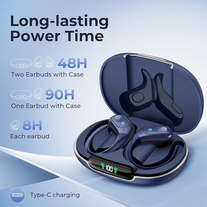 occiam Active Noise Cancelling Ear Buds Bluetooth Headphones Wireless Earbuds 90Hrs Playback Stereo Bass Earphones with Over-Ear Hooks IPX7 Waterproof Earbud for Sports Running Gym Workout Deep Blue