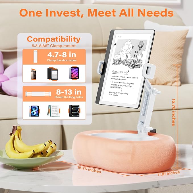 Kindle Tablet Pillow Stand with Detachable Trays Fit iPad Tablet Stand Holder for Bed Fit 4''-13'' Phone/Kindle with Case Reading Accessories Gift Soft Plus Fabric, Pink