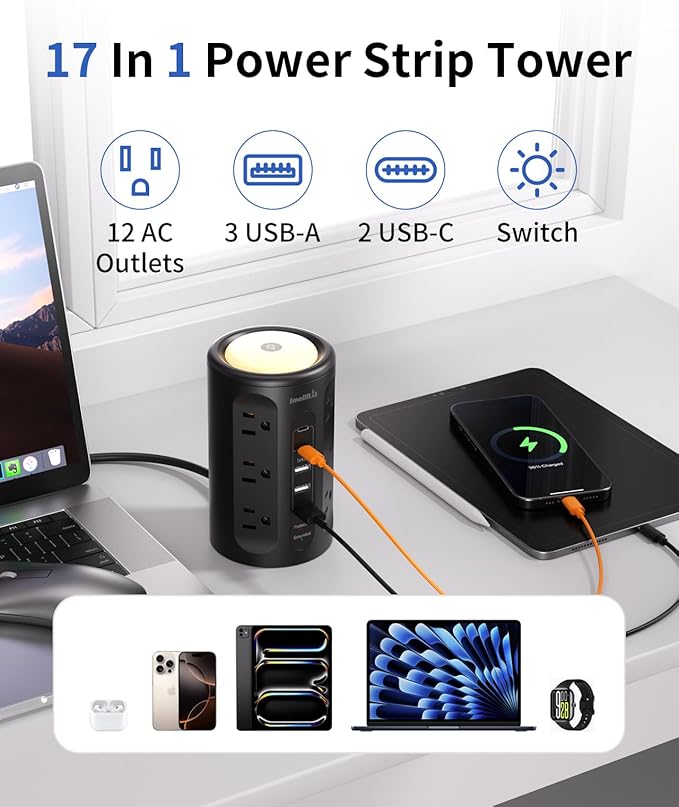 Surge Protector Power Strip Tower with 5 USB Ports and Night Light,10FT Extension Cord with 12 AC Multiple Outlets (Black, 10FT)