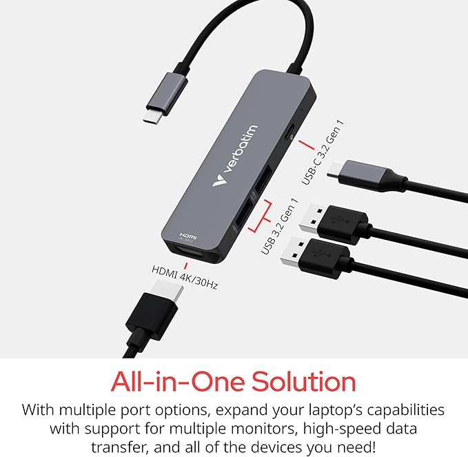Verbatim USB-C Essentials Multiport Hub – 4 Ports: (1) USB-A 2.0, (1) USB-A 3.0/3.2 Gen 1, (1) USB-C 3.0/3.2 Gen 1 with 4K HDMI and Up to 100W Power Delivery