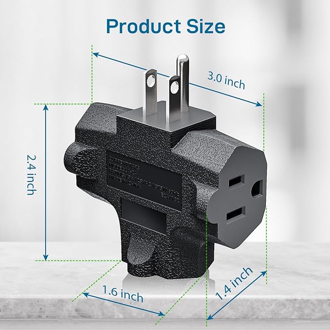 K KASONIC - 3-Outlet Grounding Adapter, [UL Listed] Plug Extender, Heavy-Duty Grounded Power Tap - 3 Pack (Black)
