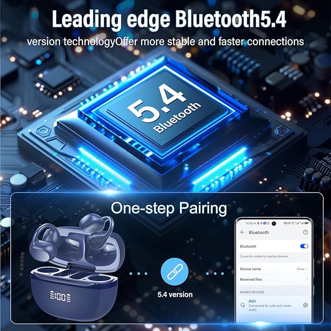 Open Ear Earbuds,Wireless Earbuds Bluetooth 5.4 Ergonomic Clip-On Ear buds, Bone Conduction Over The Ear Headphones 48H Playtime, Perfect Running Headphones for Sports IPX7 Waterproof Touch Controls