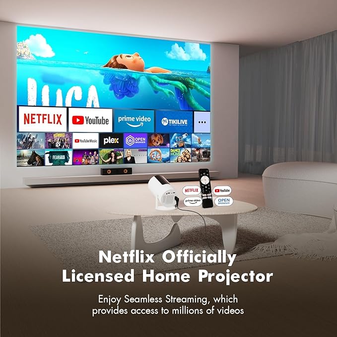 [Netflix Officially Licensed] Tecaki Mini Projector, Portable Smart Projector with WiFi and Bluetooth, 180° Rotatable Stand, Auto Keystone & Electric Focus, 4K Supported
