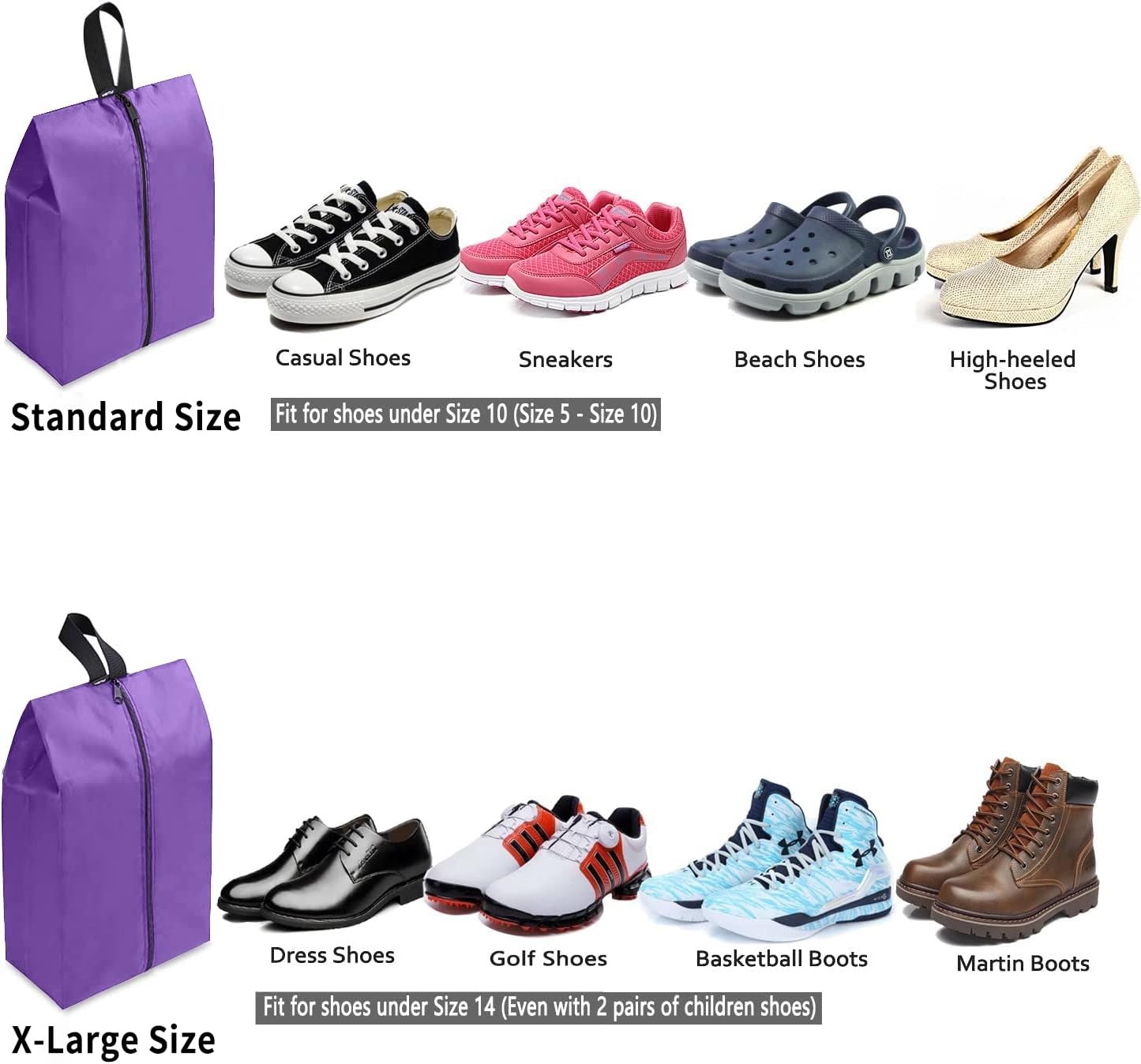 YAMIU Travel Shoe Bags Set of 4 Waterproof Nylon with Zipper for Men & Women, Purple