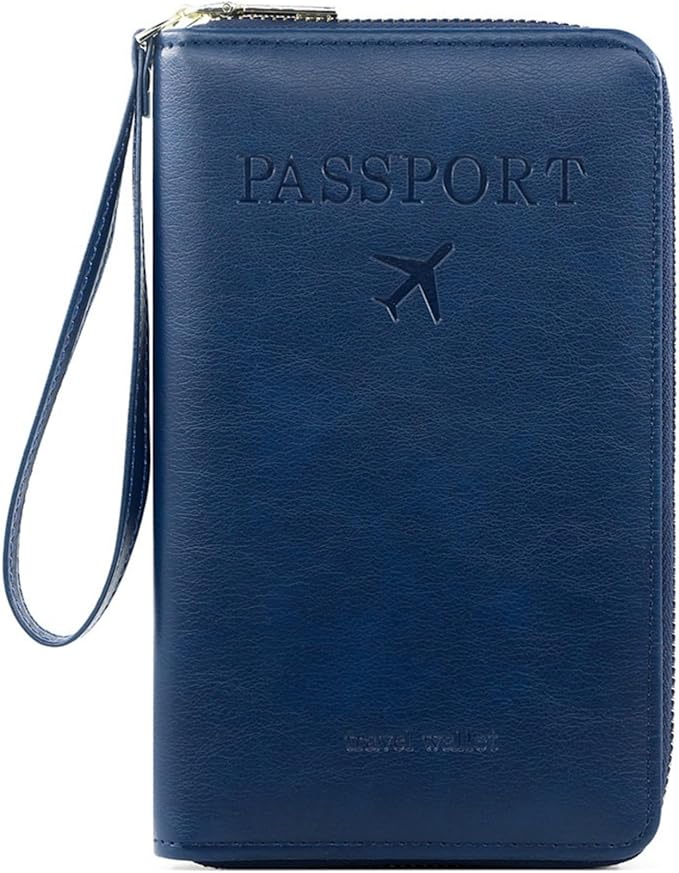 S-11 RFID Blocking Passport Holder Travel Wallet, Slim Zipper Card Case with ID Window, Boarding Pass Slot & Credit Card Organizer for Men and Women. (Navy Blue)
