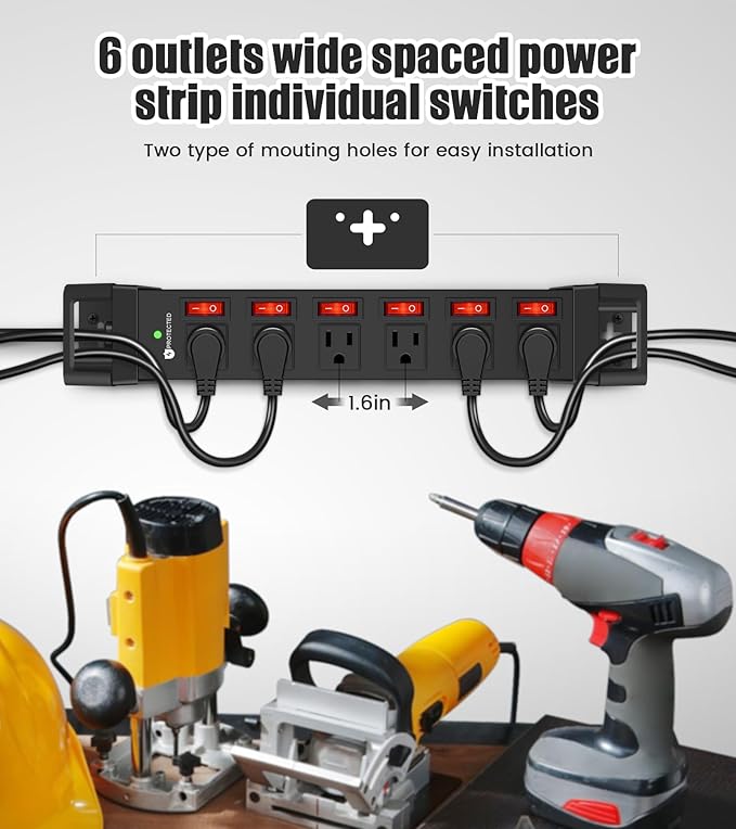 Heavy Duty Power Strip,6 Outlets Metal Power Strip with Individual Switch & Cord Management,Mountable Surge Protector 1200J,15FT Extension Cord(Black,15 FT)