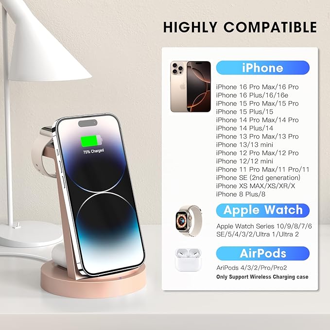 3 in 1 Charging Station for iPhone, Wireless Charger for iPhone 17 16e 16 15 14 13 12 11 X Pro Max & Apple Watch - Charging Stand Dock for AirPods (Rose)