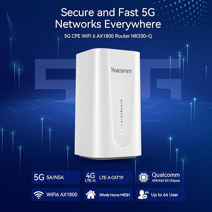 5G NR SA NSA CPE Router,WiFi 6 Modem Router with Sim Card Slot,Wireless 5G Cellular Router up to 3.47Gbps,Qualcomm SDX62,4 x 4 MIMO,Band Lock,VPN,Global Version