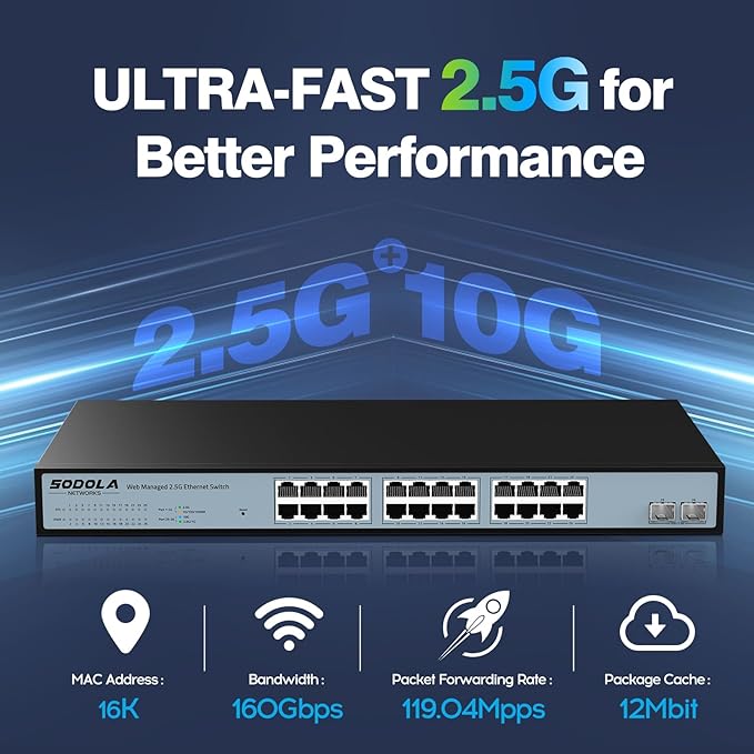 24 Port 2.5G Smart Web Managed Switch,24 x 2.5G Base-T Ports, 2 x 10G SFP+, Link Aggregation/QoS/VLAN/IGMP, 1U Mounted Multi-Gigabit Network Switch