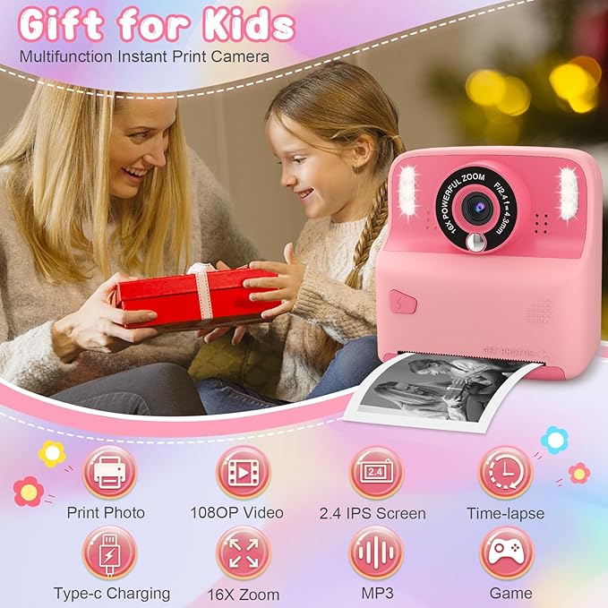 Kids Instant Print Camera, Portable Toys Camera for Toddler, Print Black & White Photos Instantly, Ideal Birthday for Boys & Girls Ages 3–12 (Pink)