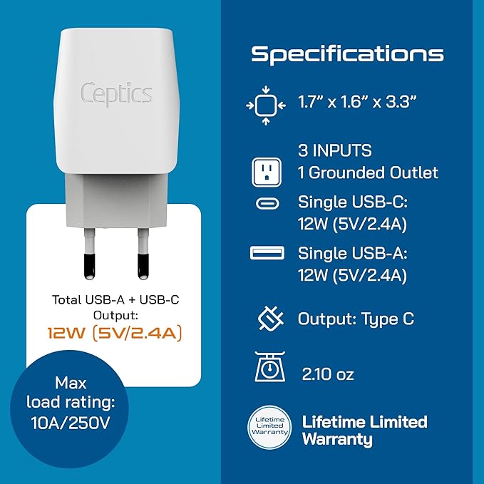 Ceptics European Travel Plug Adapter – Compact Type C & F Adapter with USB-C & A + USA Input – Safe Grounded Schuko Adapter – Travel Charger for France, Germany & More – CTU-9-9C-PK