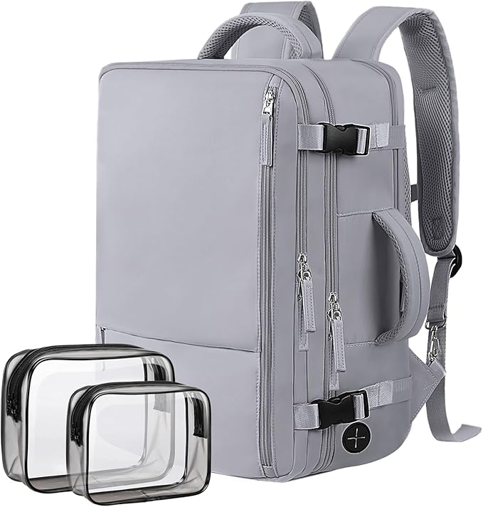 Hanples Large Travel Backpack for Women as Person Item Flight Approved, 35L Carry on Backpack,17 Inch Laptop Backpack with USB Charging Port, Travel Essentials with 2 Toiletry Bags (Gray)