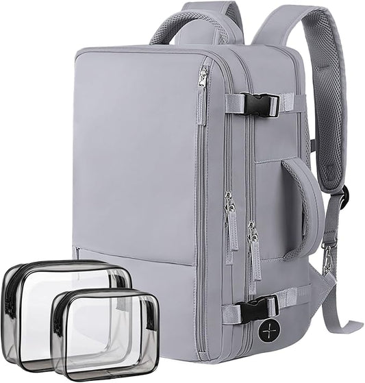 Hanples Large Travel Backpack for Women as Person Item Flight Approved, 35L Carry on Backpack,17 Inch Laptop Backpack with USB Charging Port, Travel Essentials with 2 Toiletry Bags (Gray)