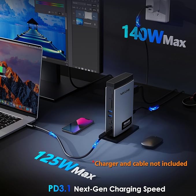 WAVLINK Laptop Docking Station 3 Monitors(Max Resolution: Single 8K or Triple 4K), 11-in-1 USB C Docking Station with 125W PD3.1 Pass-Through, 2*HDMI + DP, for MacBook M1/M2/M3/M4 & Windows, SD/TF