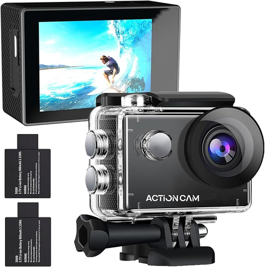 Action Camera 1080P 30fps Sports Camera 40m/131ft Underwater Waterproof with 2 Batteries and Multi-Function Accessory