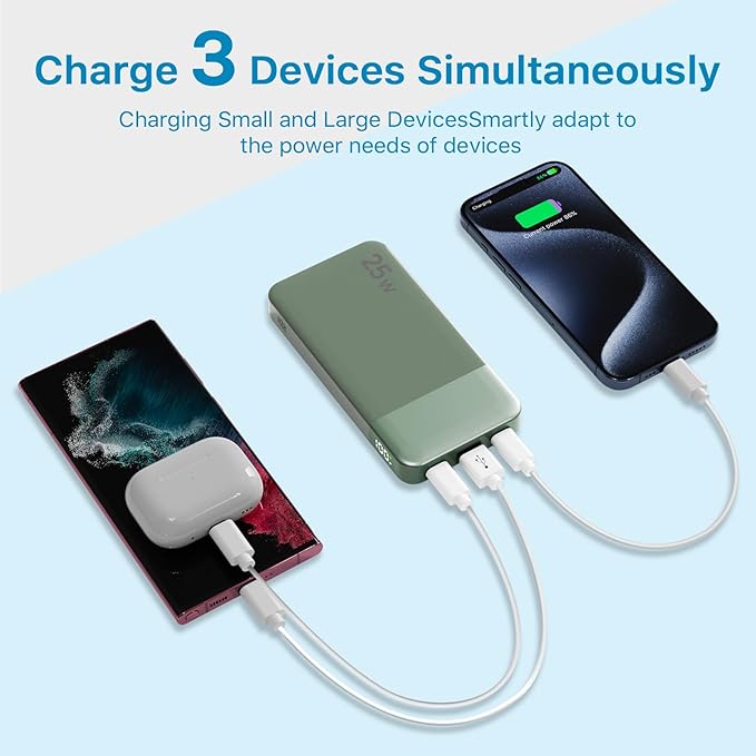 NOBIS Portable Charger, 10000mAh Power Bank Fast Charging, Battery Pack with C to C Cable, Battery Bank with Digital Display for iPhone iPad Android etc (Green, 25W)