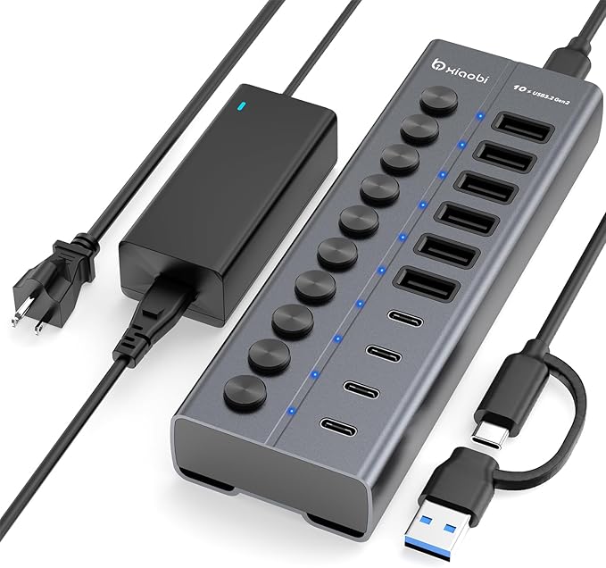 Powered USB Hub, 10-Port USB C Hub with 6 USB-A 3.2, 4 USB-C 3.2 Ports, Individual Switches and 12V/5A Power Adapter, Aluminum USB Extension for MacBook, Laptop/PC and More.