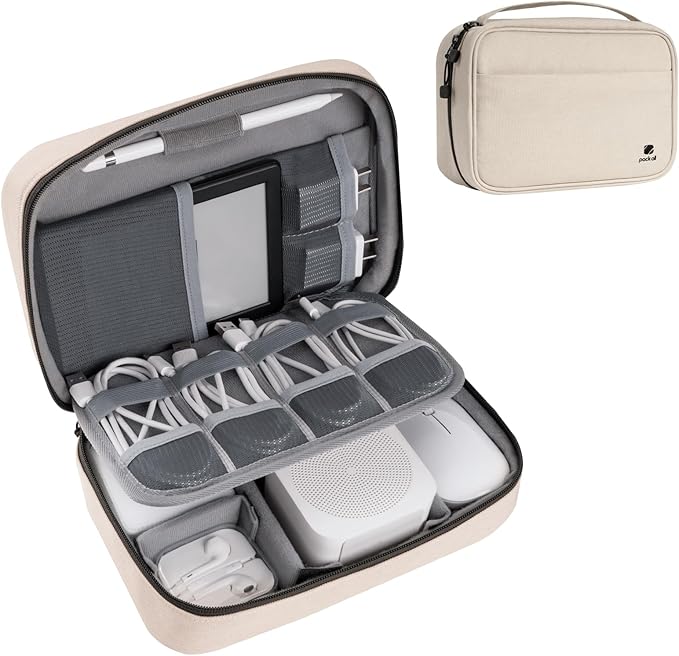 pack all Electronic Organizer Plus, Larger Capcity Cable Organizer Bag, Shockproof Carrying Case, Portable Cord Travel Organizer Storage Bag for Cables, Chargers, Phones, USB, SD Cards(Beige)
