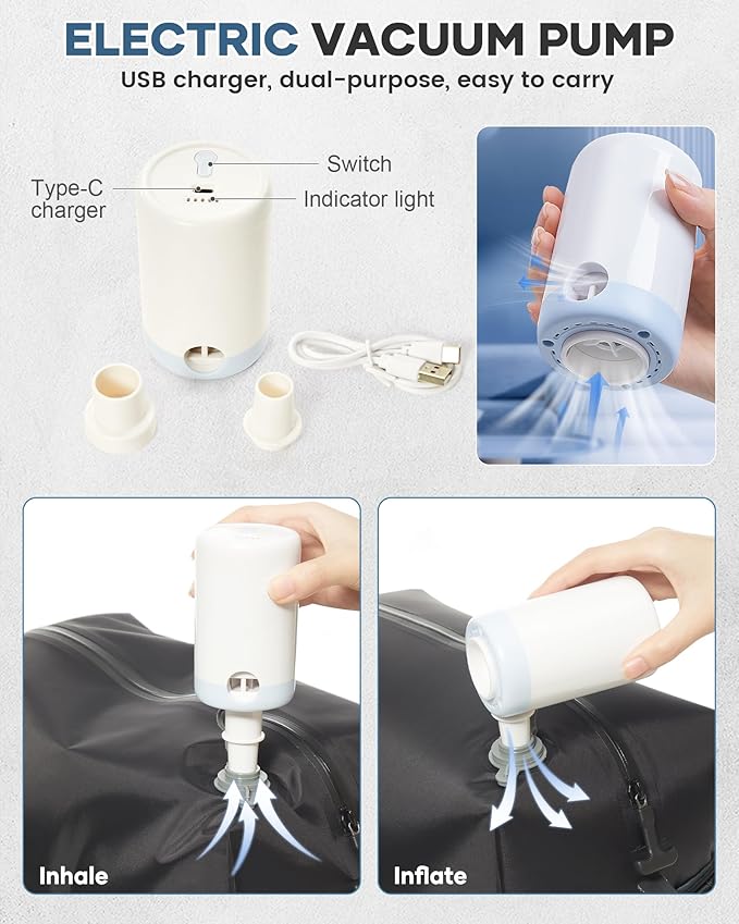 Vacuum Travel Backpack with Pump for Women,Personal Item Carry on Backpacks Flight Approved 18x14x8 inches for Men,Laptop Waterproof Work Compression bags Casual Daypack. Blue.