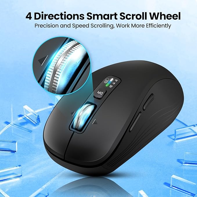 Wireless Mouse with 2 Bluetooth and 1 USB, 4-Way Scrolling, Full Size Mouse, Silent, Long Battery Life, Adjustable Cursor Speed, for Computer, Laptop, Tablets, iPad, Desktop, MacBook (Side Buttons)