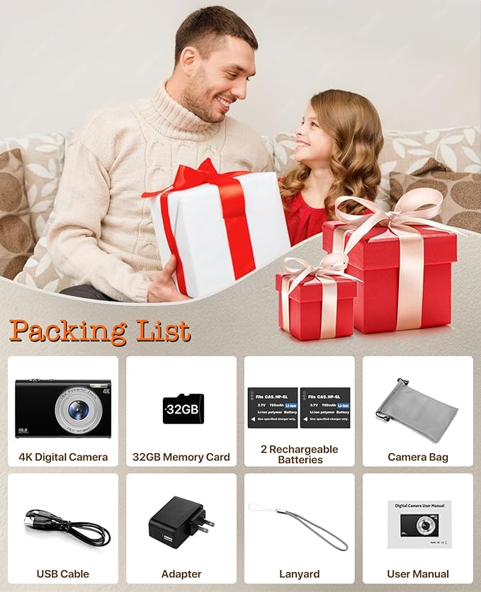 Digital Camera, 4K Vlogging Camera for YouTube Autofocus Cameras for Photography with 16X Digital Zoom, 48MP Compact Point and Shoot Digital Camera for Teens Adult with 32GB SD Card, 2 Batteries-Black