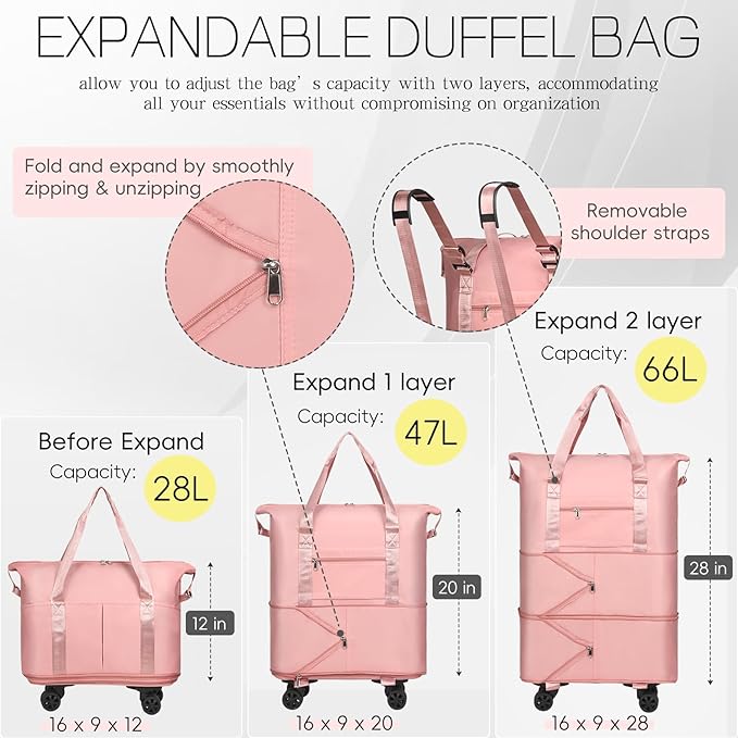 VOOWO Duffel Bag with Wheels - Rolling Foldable Expandable Duffle bags for Travel, Rolling Under Seat Luggage Carry On Travel Bag, Large Wheeled Overnight Weekender Bag (Pink)