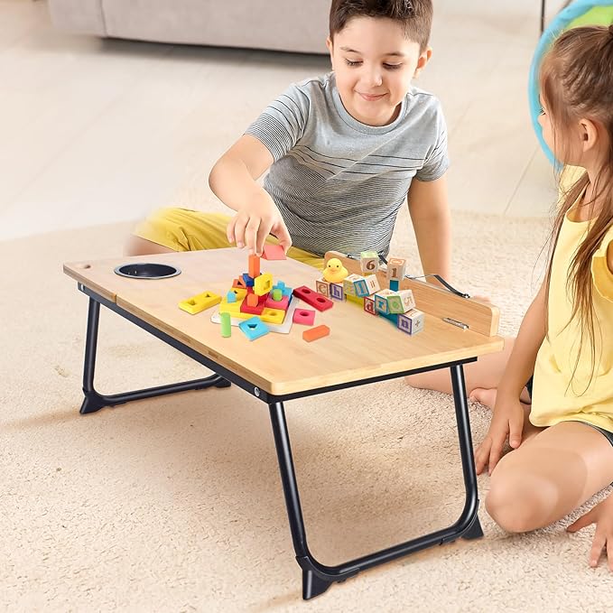 wishacc Book Stand for Reading in Bed, Bamboo Laptop Stand Adjustable Book Holder Tray with Page Paper Clips Multi Angles Adjustable Cooking Bookstands for Textbook Recipe Magazine Tablet Portable